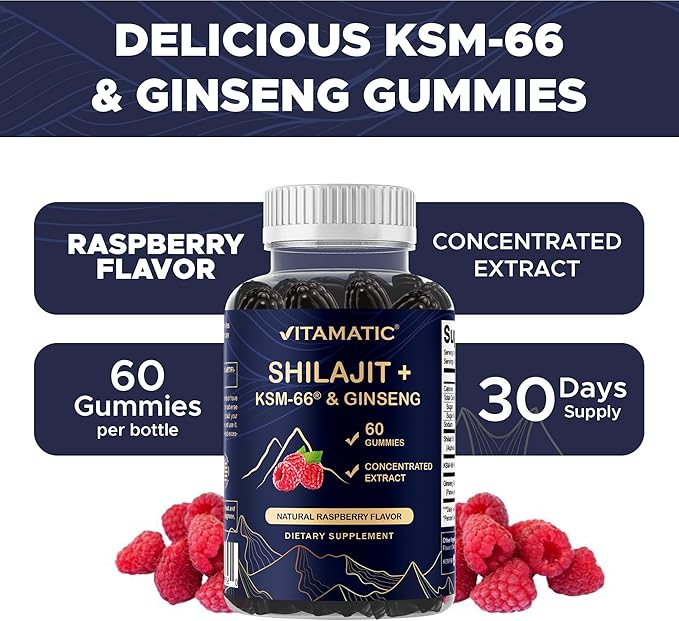Vitamatic Shilajit with KSM-66® Ashwagandha & Ginseng Extract Gummies – Natural Raspberry Flavor – 60 Vegan Gummies - Made in USA