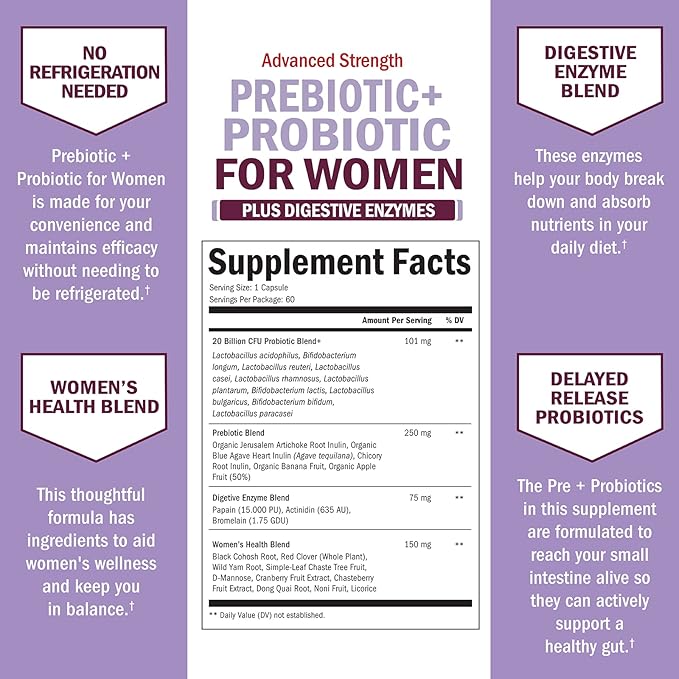 Prebiotics and Probiotics for Women - with Black Cohosh and Red Clover for Gut, Vaginal and Immune Health Support, Whole Food Digestive Enzymes Capsules, Lactobacillus Probiotic Supplement, 60 Count
