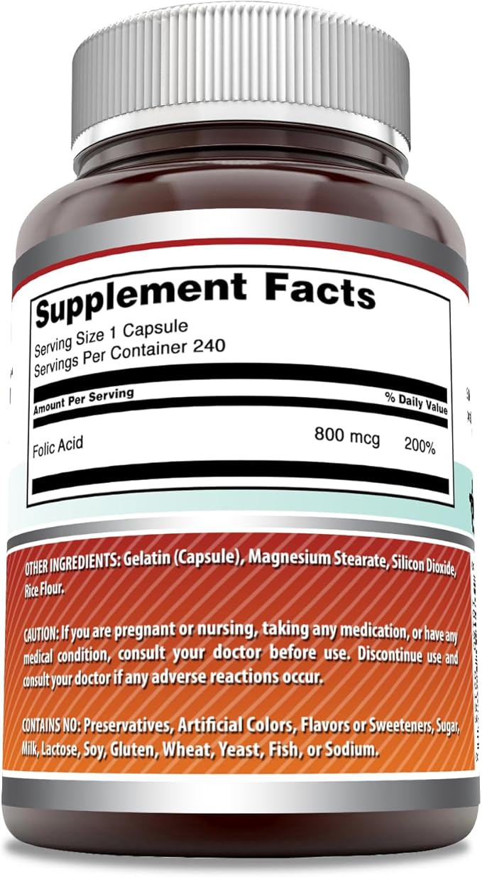 Amazing Formulas Folic Acid (Vitamin B9) 800 Mcg Supplement | Capsules | Non-GMO | Gluten-Free | Made in USA (1 Pack | 240 Count)