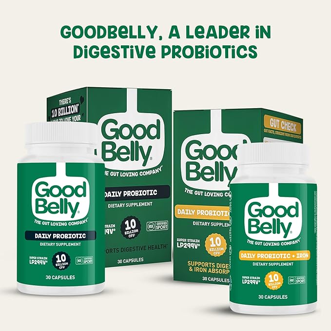 GoodBelly Probiotic Capsules for Digestive Health & Iron Absorption | Vegan Probiotic Supplement with 10 Billion Live Cultures | Probiotics for Women & Men | 30 Capsules