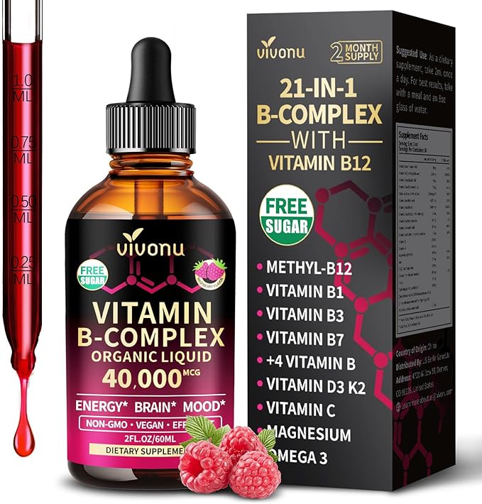 VivoNu Vitamin B Complex Liquid Drops, Methylated Vitamin B12 6000 mcg, B1, B6, B3, B5, B2, Folate, Biotin with Vitamin C D A E, Magnesium, Zinc, CoQ10 for Energy (1 Bottle)