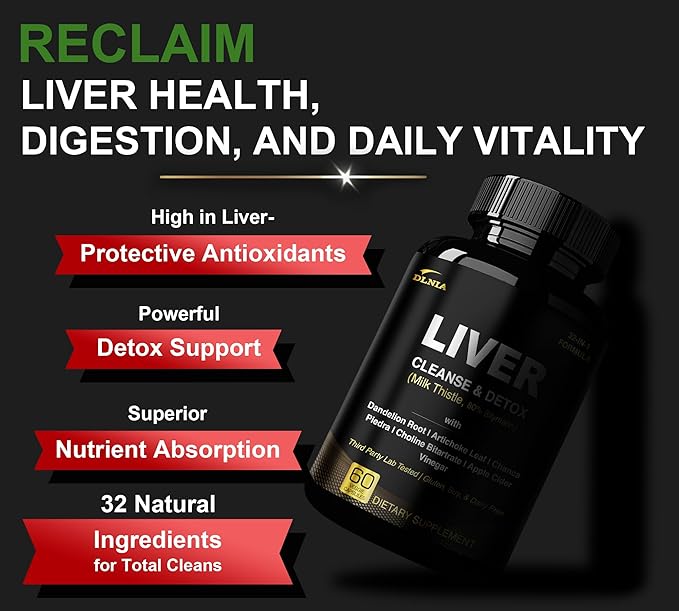 DLNIA 32 in 1 Liver Cleanse Detox & Repair Formula with Apple Cider Vinegar, Milk Thistle Supplement, Artichoke, Dandelion Root Supplement - Non-GMO & Vegan Herbal Liver Support & Repair