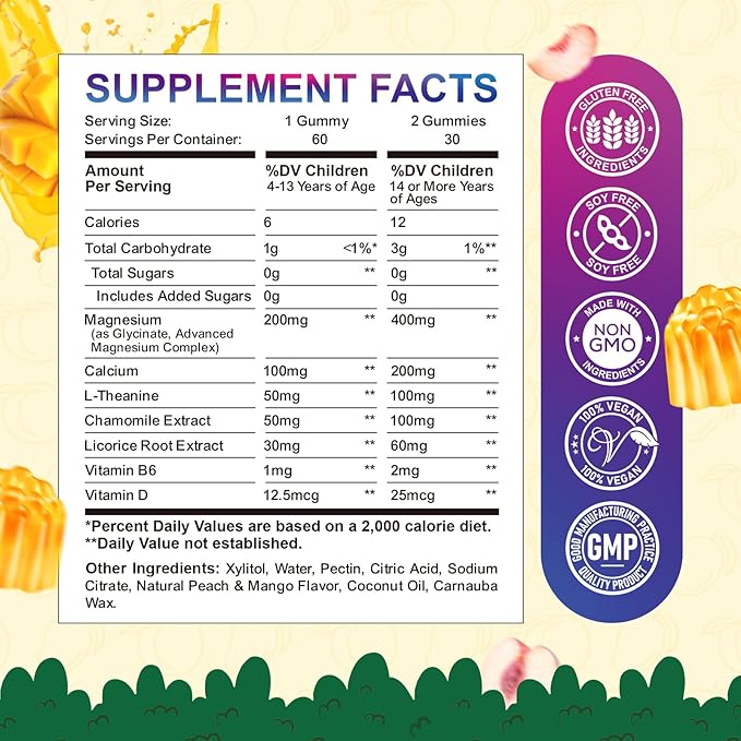 Center-Filled Kids Magnesium Gummies - Magnesium Glycinate Gummies for Kids Adults with L-Theanine, Chamomile, Licorice, Vitamin D, B6 for Sleep, Relaxation, Brain & Muscle - Sugar Free Peach & Mango