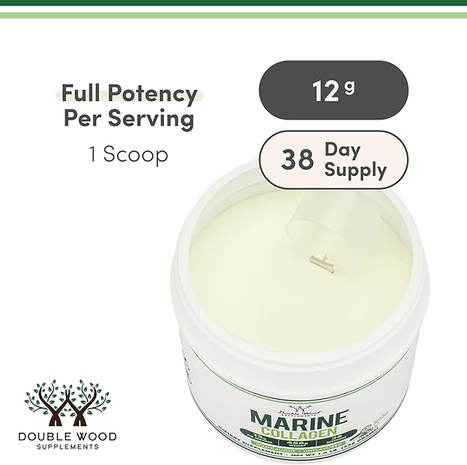 Double Wood Supplements Marine Collagen Powder (1 LB / 16 OZ of Quick Dissolve Marine Collagen Peptides) Wildcaught, Unflavored, Micronized - Scoop Included, No Fillers (38 Servings of 12 Grams Each)