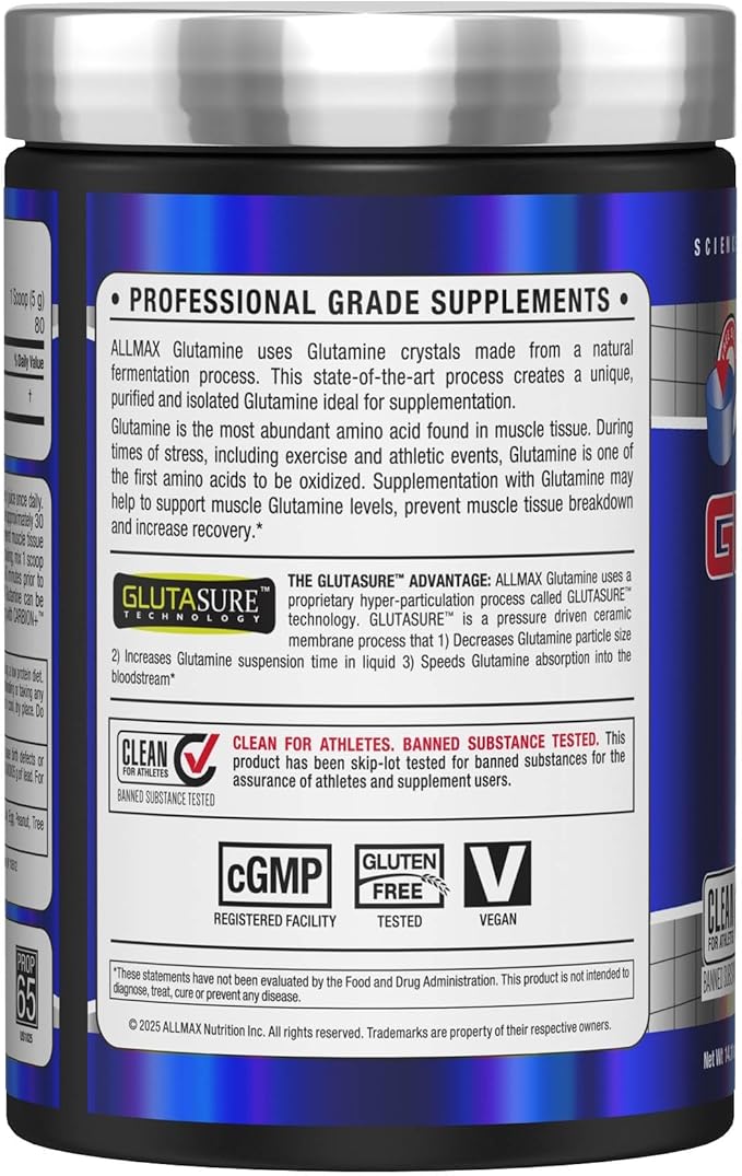 ALLMAX L Glutamine Powder 400g, Fermented L-Glutamine Powder Pure, Unflavored Glutamine Supplement for Gut Health, Recovery & Immune Support, Vegan, Gluten Free