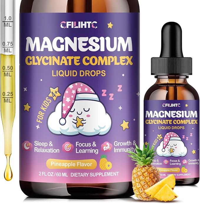 Magnesium Glycinate Liquid for Kids - Magnesium Bisglycinate Drops with L-Theanine, Chamomile & Vitamin B6, B12, C, D3 for Sleep, Relaxation, Immune Support, Calm & Focus - 2 Fl Oz, Pineapple Flavor