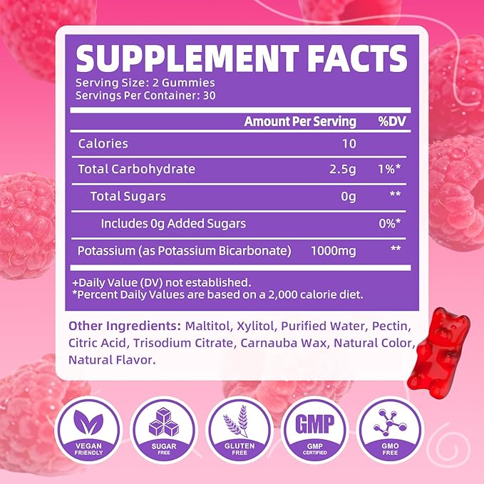 Potassium Gummies 1000mg, Potassium Bicarbonate Supplement for Adults & Kids, Support Electrolyte Balance & Muscle Heath, Sugar-Free, Raspberry Flavor, 60 Count