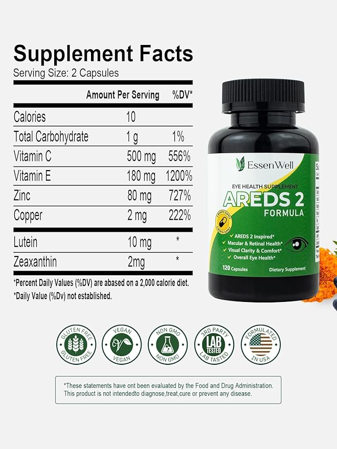 AREDS 2-120 Capsules + Multivitamin, Lutein and Zeaxanthin 20mg, 2-in-1 Eye Vitamin, Contains Vitamin C, D, E & Zinc