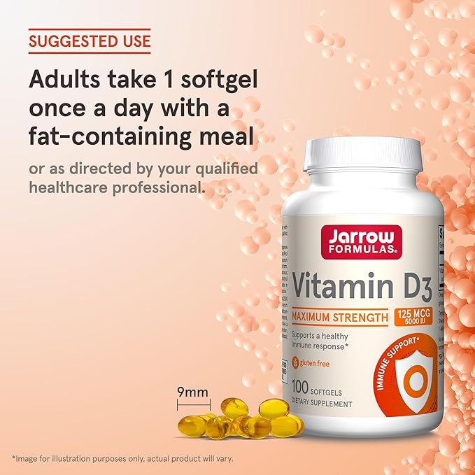 Jarrow Formulas Vitamin D3 125 mcg (5000 IU) - 100 Servings (Softgels) - Bone Health, Immune Support & Calcium Metabolism Support - VitaminD Supplement - 5000 IU VitaminD - Gluten Free, (Pack of 2)