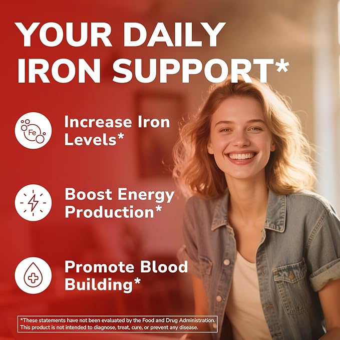 Iron Supplement, 3-in-1 65mg Iron Complex Ferrous Bisglycinate, Sulfate, Carbonyl Iron with Natural Vitamin C, Stomach Friendly Iron Pills for Blood Building, High Absorption, Non GMO, 60 Vegan Tabs