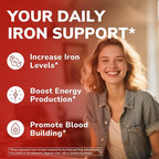 Iron Supplement, 3-in-1 65mg Iron Complex Ferrous Bisglycinate, Sulfate, Carbonyl Iron with Natural Vitamin C, Stomach Friendly Iron Pills for Blood Building, High Absorption, Non GMO, 60 Vegan Tabs