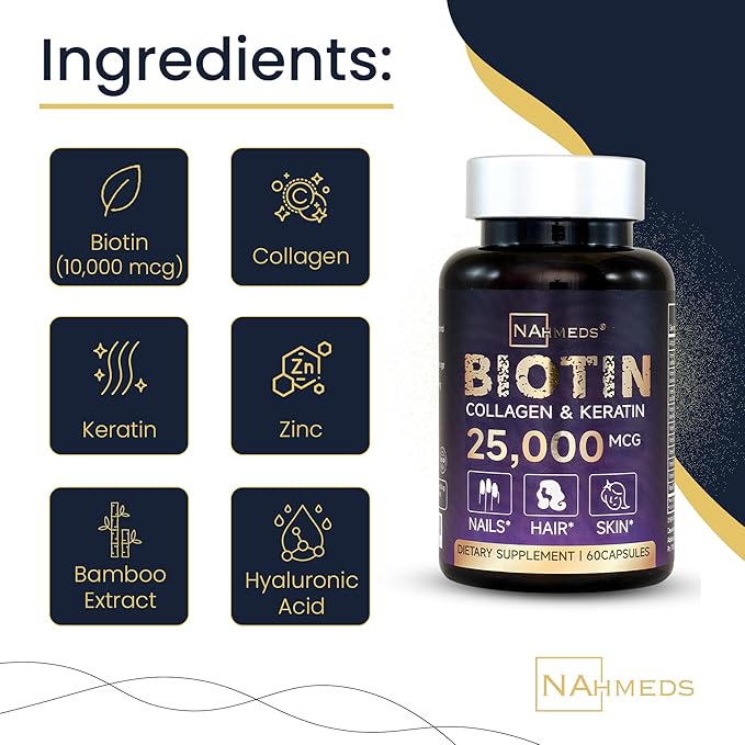 Biotin + Beauty Blend – 25,000 mcg Complex with Collagen, Keratin, MSM – Hair, Skin & Nail Support – Gluten-Free – GMP, ISO 22000, HACCP Certified – COA Available – 60 Capsules