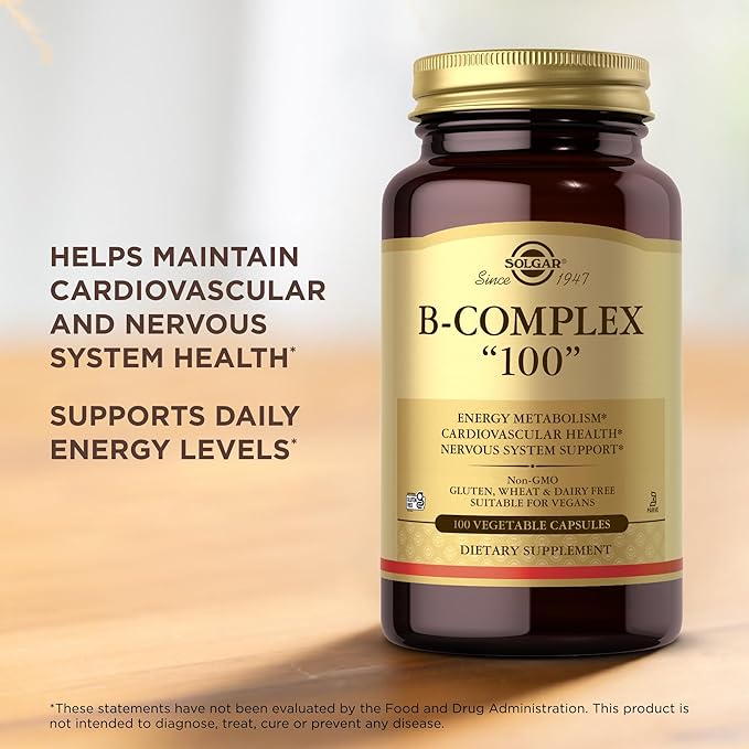 Solgar B-Complex "100" - 100 Vegetable Capsules, Pack of 2 - Energy Metabolism, Cardiovascular Health, Nervous System Support - Non-GMO, Vegan, Gluten Free - 200 Total Servings
