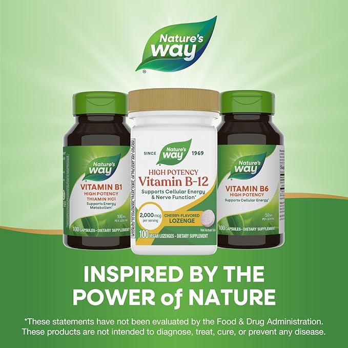 Nature’s Way Vitamin B-12 Lozenges, 2,000 mcg Vitamin B12 per Lozenge, Supports Cellular Energy & Nerve Function*, No Gluten, Vegan, Cherry Flavored, 100 Count (Packaging May Vary)