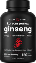 NutraChamps Korean Red Panax Ginseng Capsules | Extra Strength Ginsenosides for Energy, Focus, Performance, Vitality & Immune Support | Korean Ginseng Root Extract (120, Red)