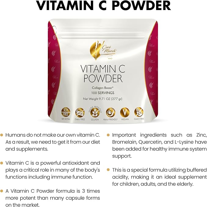 Cocó March N.M.D Vitamin C Powder 1000 mg – Immune Support Supplement with Zinc, Bromelain, Quercetin & L-Lysine, Supports Collagen Production, Vegan, Gluten & Dairy Free, Keto Friendly, 10 oz