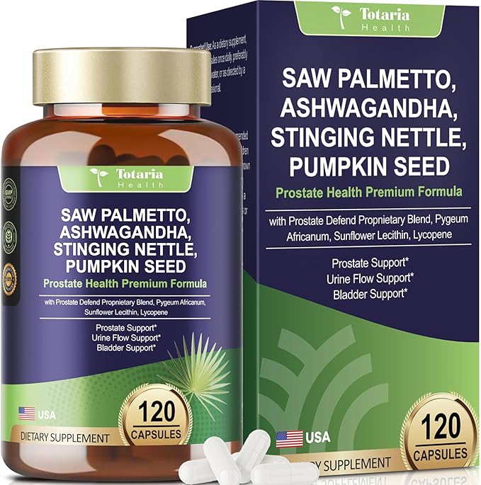 Totaria Organic Saw Palmetto with Pumpkin Seed - Prostate Health Supplements with Ashwagandha Root, Stinging Nettle, Prostate Defend Propnietary Blend, DHT Blocker for Men & Women, 120 Count