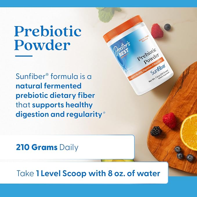 Doctor's Best Prebiotic Powder Supplement with Sunfiber Guar Fiber - Digestive Health & Nutrition Support for Women & Men, Unflavored, Easy Dissolve, Gluten Free, Non GMO, Vegan - 7.4 oz