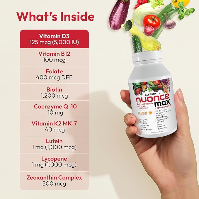 ANDREW LESSMAN Essential-1 nuonce max Multivitamin 5000 IU Vitamin D3 30 Small Capsules. 100 mcg Methyl B12. CoQ10 Lutein Lycopene Zeaxanthin. High Potency. No Additives. Ultra-Mild One Daily Capsule