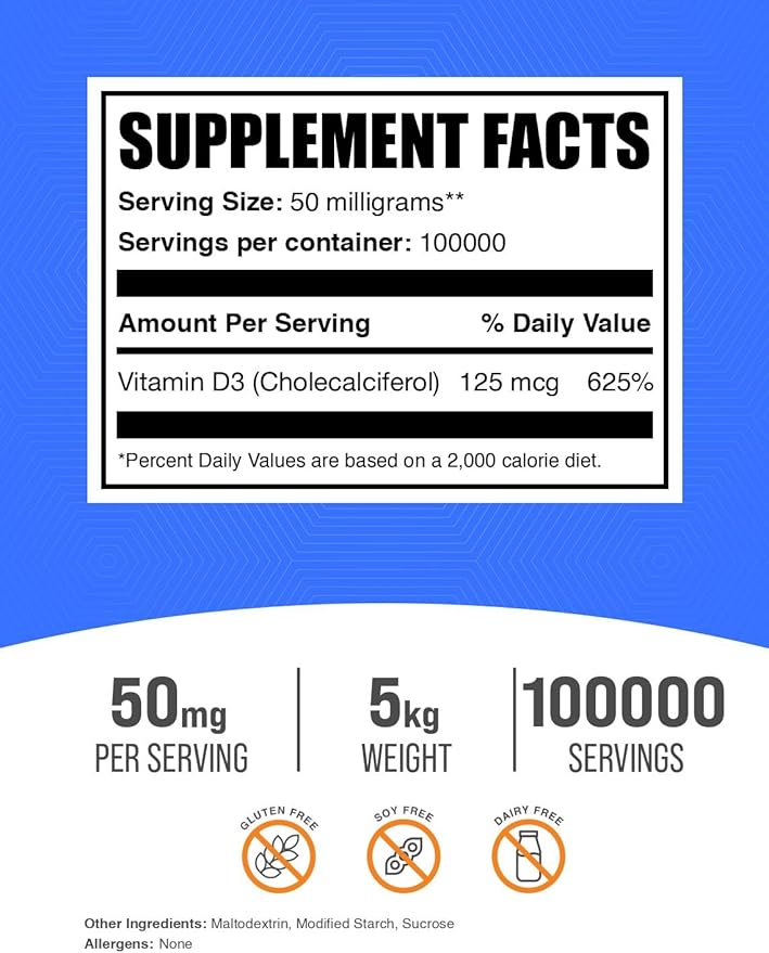 BulkSupplements.com Vitamin D3 Powder - Cholecalciferol, Vitamin D Supplements, Vitamin D3 5000 IU - Gluten Free, 50mg (125mcg of Vitamin D3) per Serving, 5kg (11 lbs) (Pack of 5)