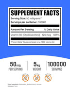 BulkSupplements.com Vitamin D3 Powder - Cholecalciferol, Vitamin D Supplements, Vitamin D3 5000 IU - Gluten Free, 50mg (125mcg of Vitamin D3) per Serving, 5kg (11 lbs) (Pack of 5)