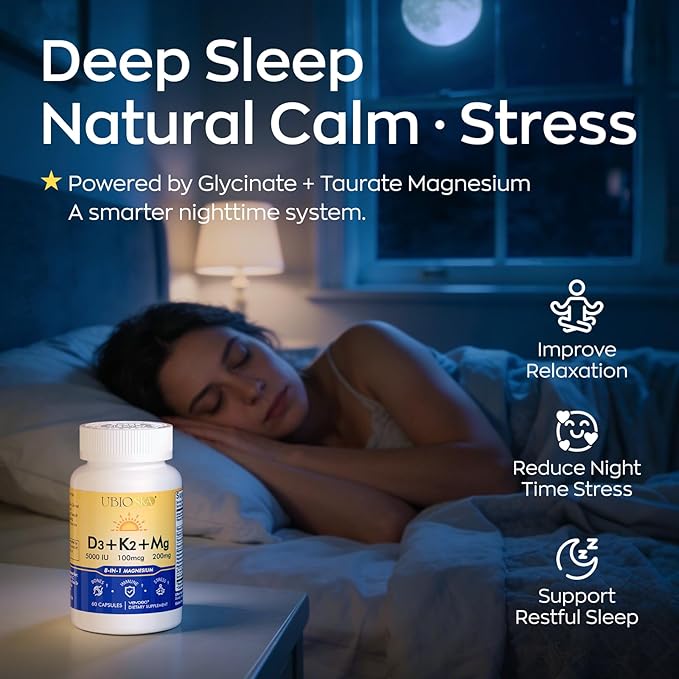 UBIOSKA Vitamin D3 K2 Magnesium Supplement – 5000 IU D3 + MK-7 K2 with 8-Form Magnesium (Glycinate, Taurate, Malate) for Calm Sleep, Stress Relief, Mood Balance & Strong Bones – 60 Capsules