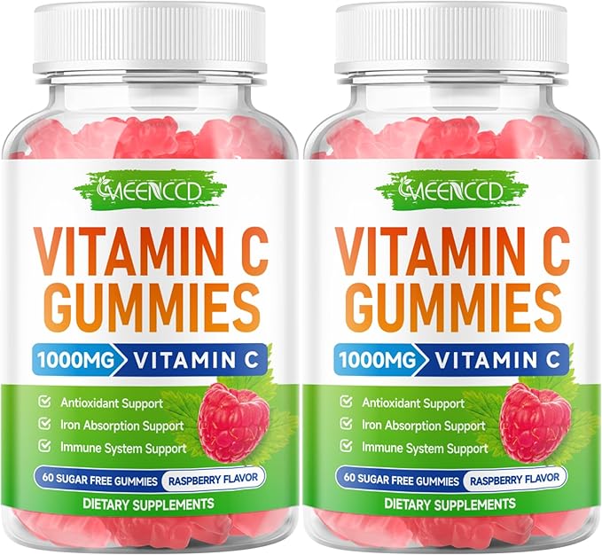 MEENCCD 2 Pack Vitamin C Gummies for Adults, Chewable Vitamin C Gummies with Zinc for Antioxidant Support, Vegan, Non-GMO, Sugar-Free, Raspberry Flavor, 120 Count