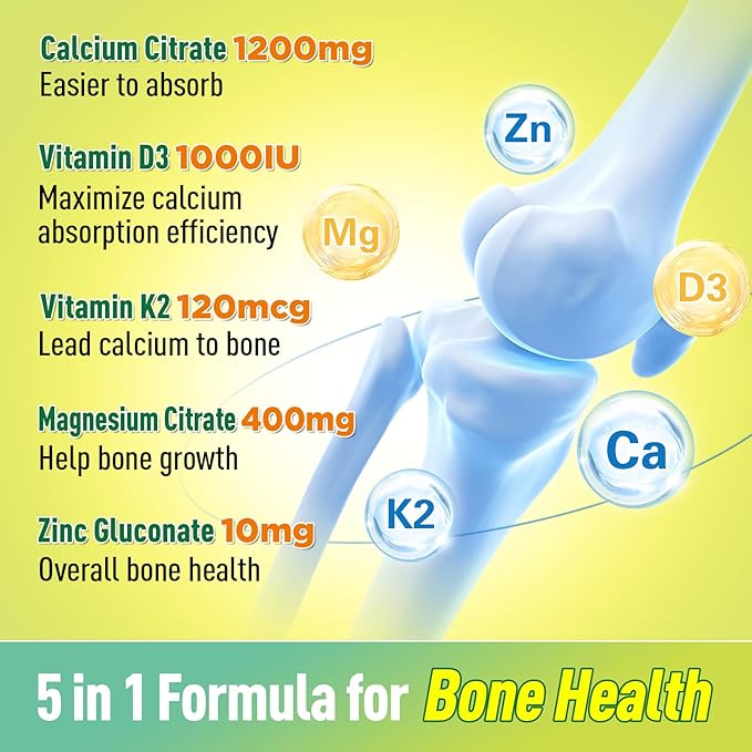 Calcium Citrate Gummies 1200 mg for Women & Kids, Sugar Free Calcium Supplement with Vitamin D3, K2, Magnesium, Zinc, Bone Support for Adults & Elders, Natural Pineapple Flavor, 60 Gummies