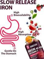 Iron Supplement for Women Men, High Potency Iron 65mg with Vitamin C 250mg, Stomach Friendly Iron Pills for Red Blood Cell & Immune Support, Vegan, Non-GMO & Gluten Free,120 Vegan Tablets
