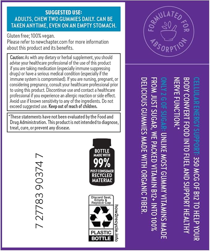 New Chapter® Organic Vitamin B12+ Gummies – 47% Less Sugar§, USDA Organic Vegan B12, Two Daily Gummies for Cellular Energy Support with Cordyceps, Non-GMO, Gluten Free, Raspberry Flavored, 60ct