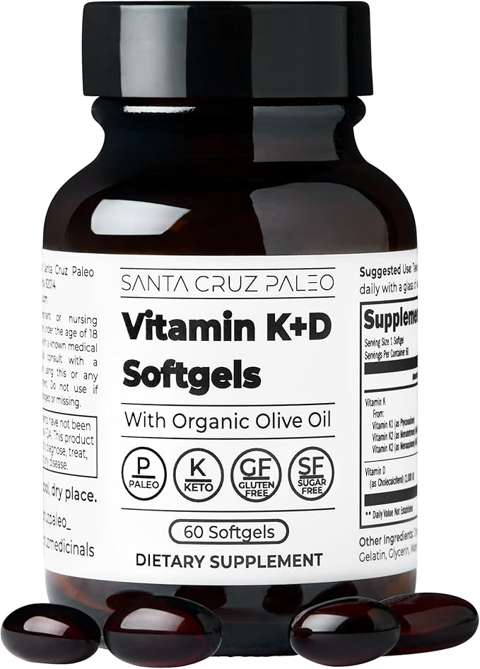 Santa Cruz Paleo Vitamin K2 + D3 Softgels, Daily Supplement with Organic Olive Oil, Includes Vitamin K1 & Two Forms of K2, Supports Heart & Bone Health, Gluten Free, Sugar Free, Paleo, Keto, 60 Count