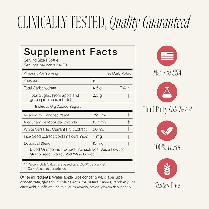 Happy Aging Liquid NAD+ Supplement for Women | Liposomal Nicotinamide Riboside & Resveratrol Shots for Energy, Skin Health & Brain Fog | NMN Alternative with Antioxidants | 10 Shots, 30-Day Supply