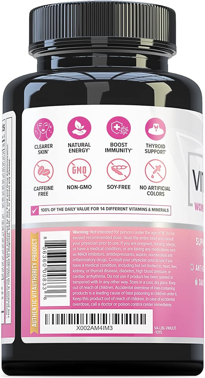Vitauthority Multivitamin for Women Women’s Daily Multi-Vitamin Supplement with DIM, Iodine, Ashwagandha Supports Youthful Complexion, Healthy Cortisol and Estrogen Balance 30 Day Supply