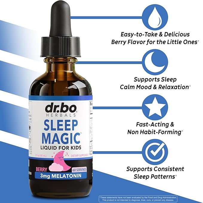 Liquid Melatonin Kids Sleep Aid - Sleep Magic Kids Melatonin Liquid 3mg Berry Drops, D3, L Theanine - Children's Sleeping Aids, Natural Calm L-Theanine Supplement, Toddler Travel Essentials 2 Fl Oz