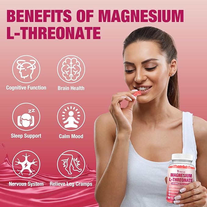 Magnesium L-Threonate Gummies 1000mg, Sugar-Free Magnesium Threonate Supplement for Kids & Adults, Nervous & Muscle System Support, Non-GMO, Raspberry Flavor, 60 Count