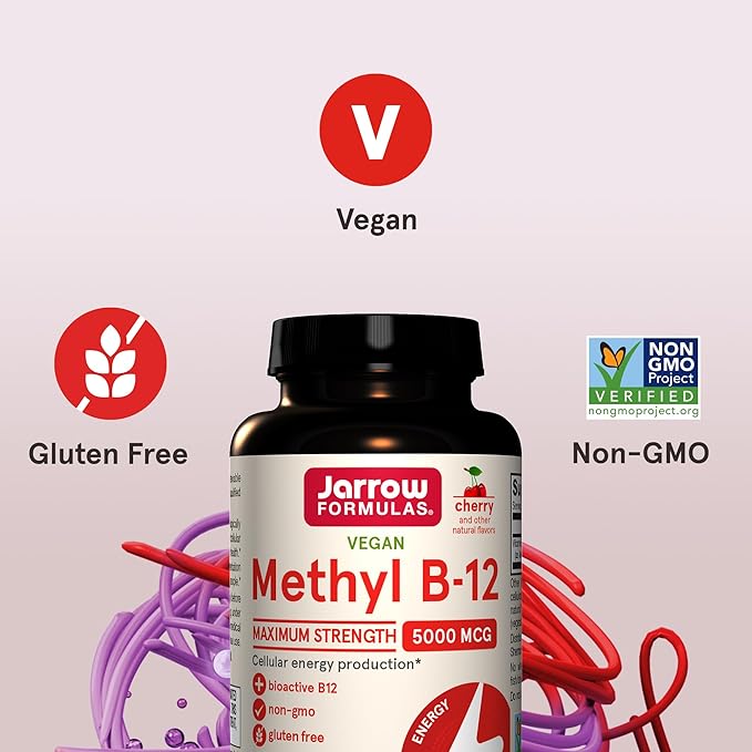 Jarrow Formulas Maximum Strength Methyl B-12 5000 mcg, Dietary Supplement for Cellular Energy Production and Brain Health Support, 60 Cherry-Flavored Chewable Tablets, 60 Day Supply, Pack of 12