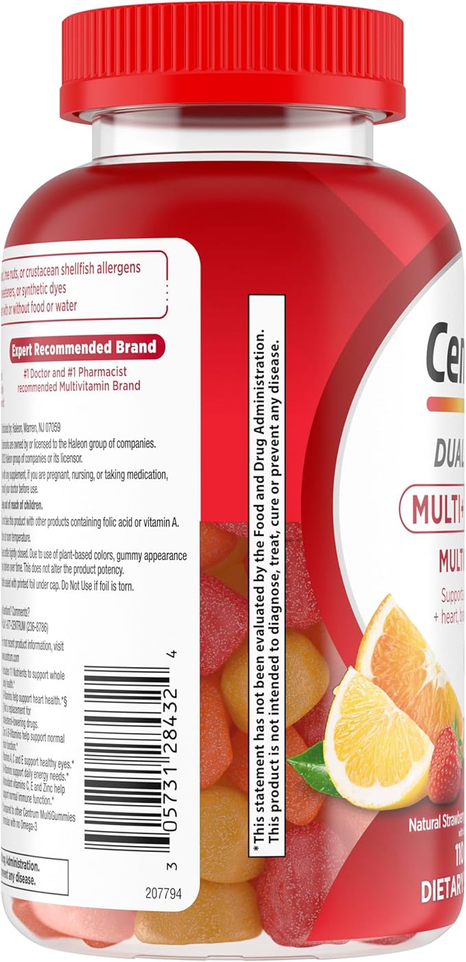 Centrum MultiGummies Multi+ Omega 3 Dual Action, Adult Multivitamin, Multivitamin/Multimineral/Omega 3 Supplement, Strawberry/Lemon/Orange Flavors - 110 Count