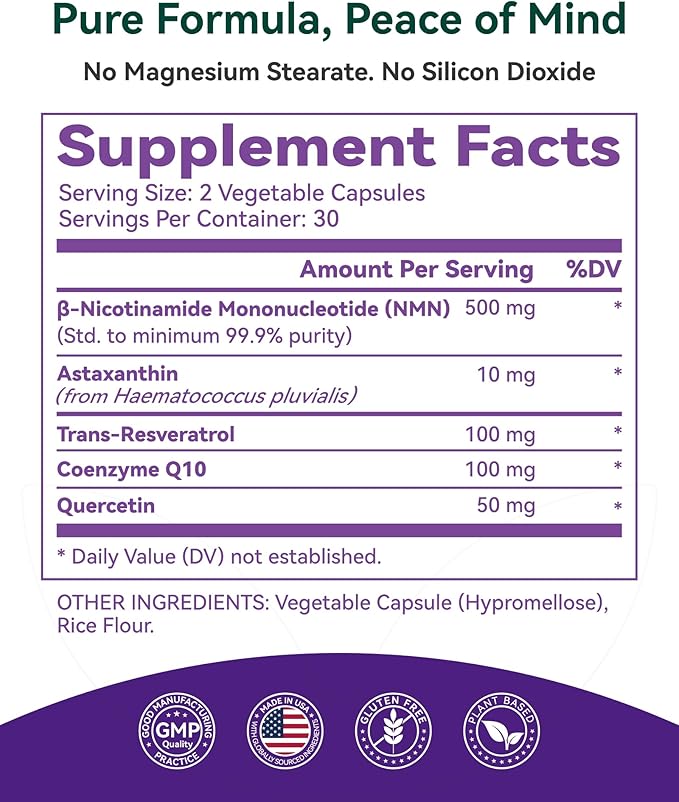Inner Brightness NMN Supplement 500mg, 99.9% High Purity, Supports NAD+ Levels & Cellular Energy, 5-in-1 Formula with Resveratrol & Astaxanthin, Non-GMO, Gluten-Free, 60 Capsules