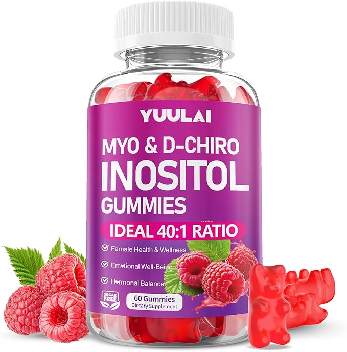 Myo-Inositol & D-Chiro Inositol Gummies, 40:1 Ratio Inositol Supplement with Vitamin D3, Magnesium Glycinate, Folate & Zinc, for Female Health & Wellness, Raspberry Flavor, 60 Count