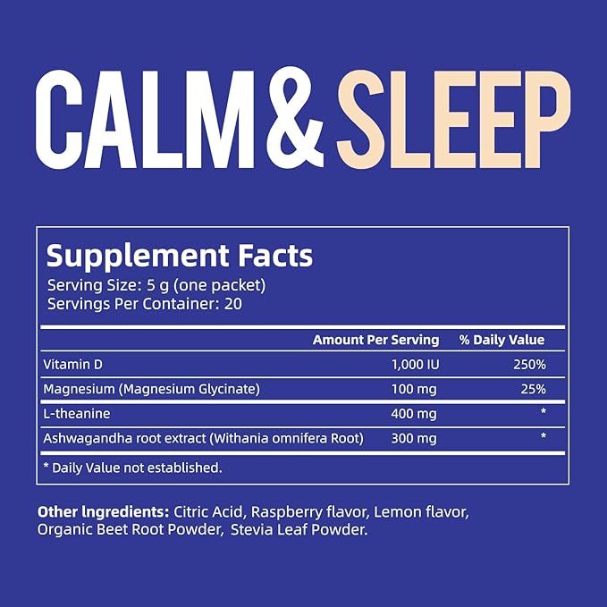 VivoNu Calm & Sleep Powdered Drink Mix Raspberry L Theanine Ksm-66 Ashwagandha Magnesium Glycinate Vitamin D 3 Supplements for Relaxation & Focus (VSC_M7)