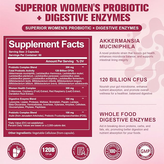 Totaria Probiotics for Women, 120 Billion Women Probiotic, with Akkermansia, Digestive Enzymes & Prebiotics, Cranberry, D-Mannose, for Gut, Vaginal, Urinary, Immune, PH Balance, 120 Vegan Capules