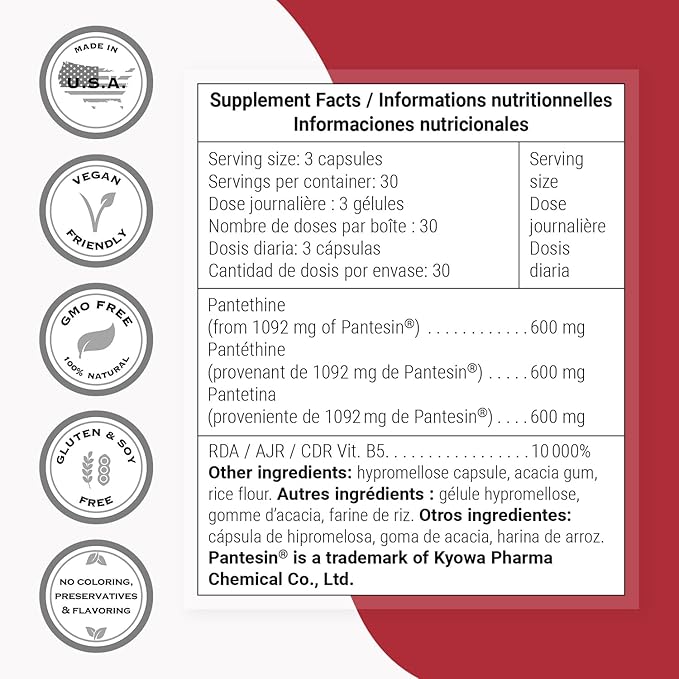 Supersmart - Pantesin Pantethine 600 mg per Day (Pantothenic Acid) - Active Vitamin B5 Supplement | Non-GMO & Gluten Free - 90 Vegetarian Capsules
