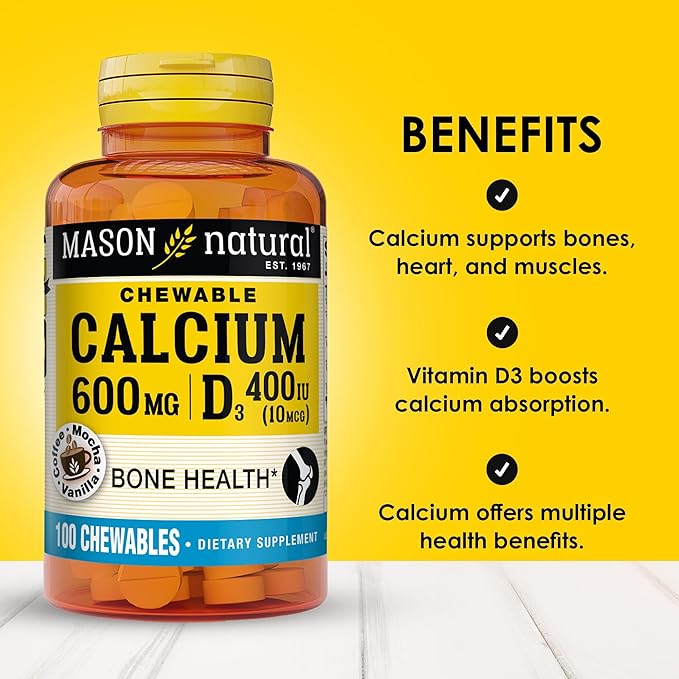 MASON NATURAL Calcium 600 mg with Vitamin D3, 100 Day Supply, Supports Healthy Bones & Normal Muscle Function, Coffee Mocha Flavor, 100 Chewables