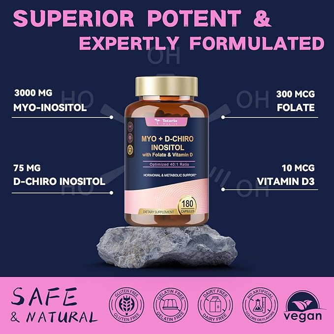 Totaria Inositol Supplement for Women with Vitamin D3, Folate, 40:1 Ratio Myo-Inositol & D-Chiro Inositol Complex, (Vitamin B8) Inositol Capsules, 180 Capsules, 60 Servings, 2 Month Supply