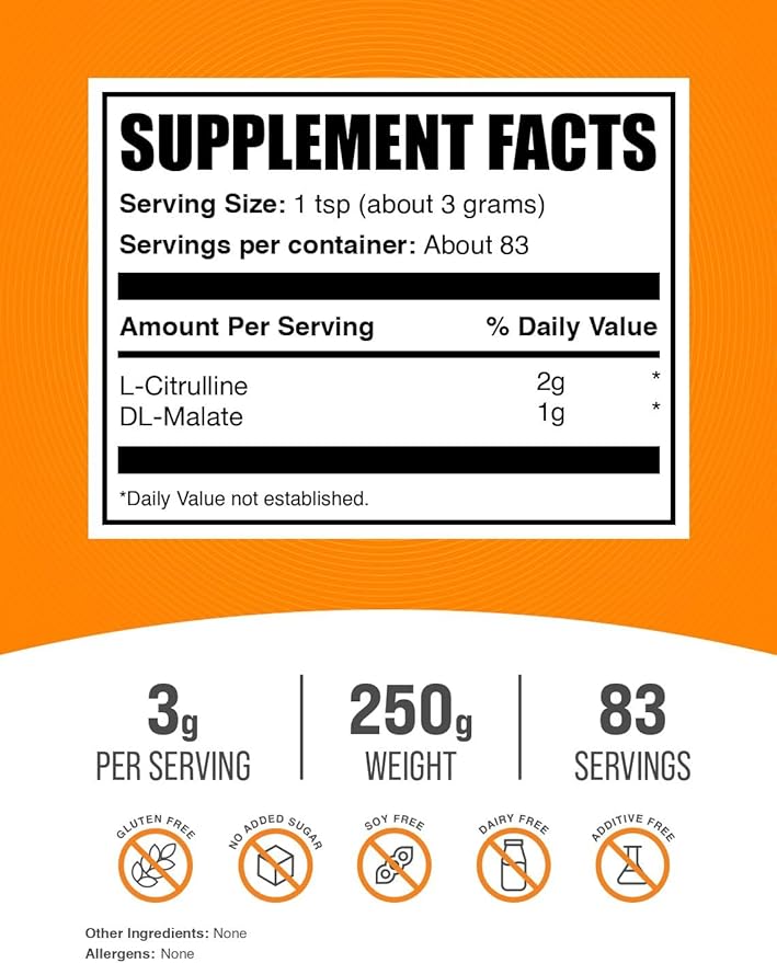 BulkSupplements.com L-Citrulline Malate 2:1 Powder - Nitric Oxide Boost, Citrulline Malate Supplement - Unflavored & Gluten Free - 3g per Servings, 250g (8.8 oz) (Pack of 1)