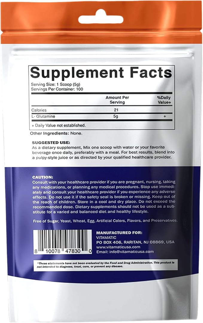 Vitamatic L-Glutamine Powder – 5000 mg per Serving – Unflavored – Non-GMO – GMP Quality – Supports Active Lifestyle, GI Health and Immune Function - 500 Gram