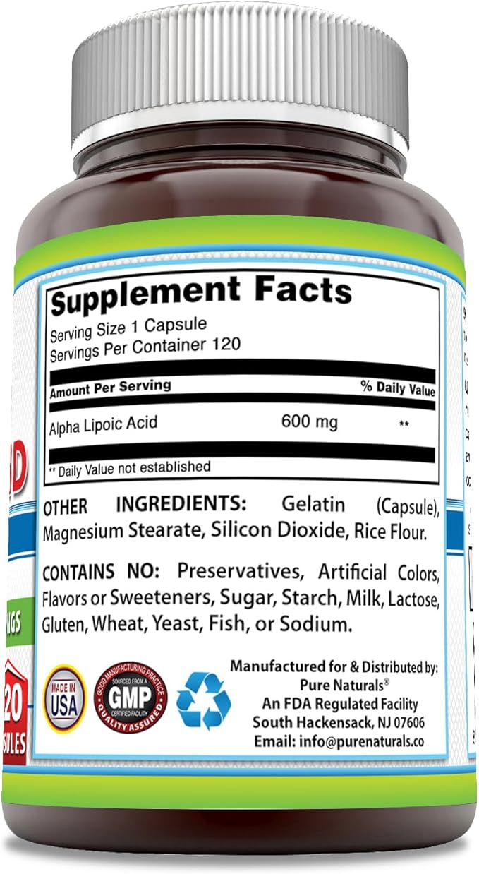 Pure Naturals Alpha Lipoic Acid 600 mg 120 Capsules Supplement | Non-GMO | Gluten Free | Made in USA