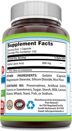 Pure Naturals Alpha Lipoic Acid 600 mg 120 Capsules Supplement | Non-GMO | Gluten Free | Made in USA