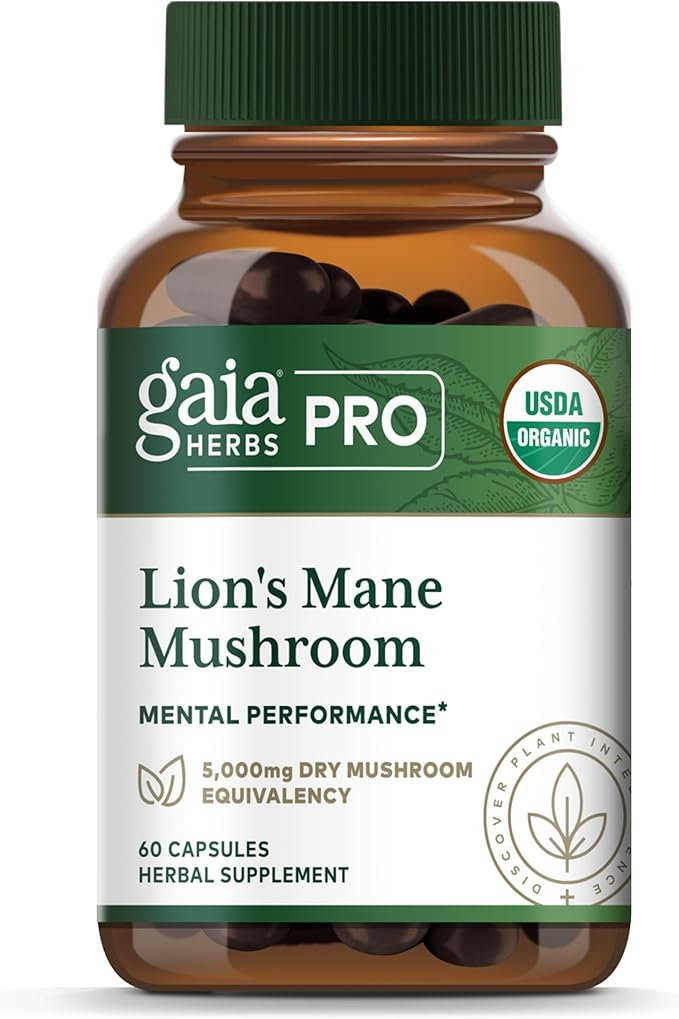 GAIA HERBS PRO Lion's Mane Mushroom - Supports Brain & Neurological Health* - Organic Mushrooms - 2,500mg Per Serving - Gluten-Free - 60 Capsules (30 Servings)