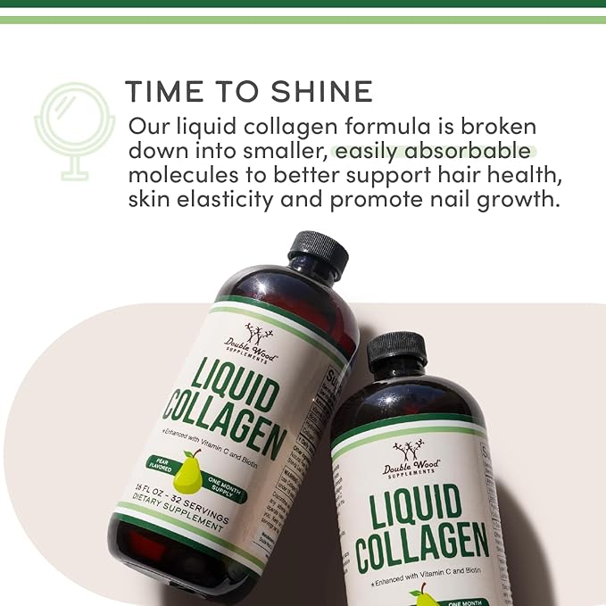 Double Wood Supplements Premium Liquid Collagen - 2500mg of Hydrolyzed Bovine Collagen (Type 1, 3 and Grassfed) - 32 Servings - for Women and Men - 30 mcg of Biotin - Sugar Free Pear Flavor